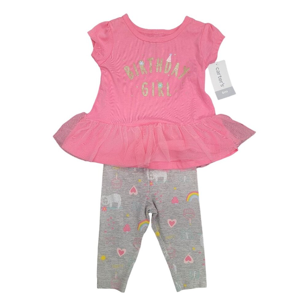 Carters Birthday Girl Outfit Pink Tulle Top & Grey Leggings 3M